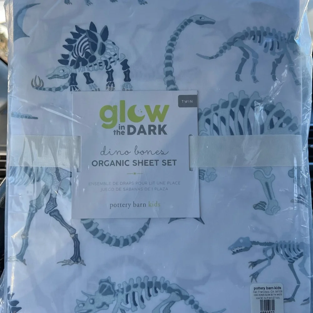 Pottery Barn Kids Blue Dino Bones Organic Sheet Set - Picture 1 of 7